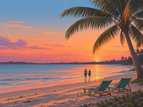 A couple walk towards the sunset on a tropical beach
