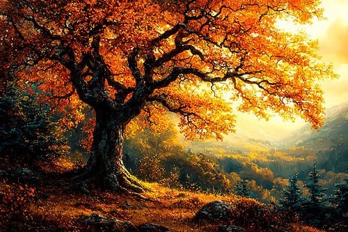 Boom met herfstbladeren in zonlicht