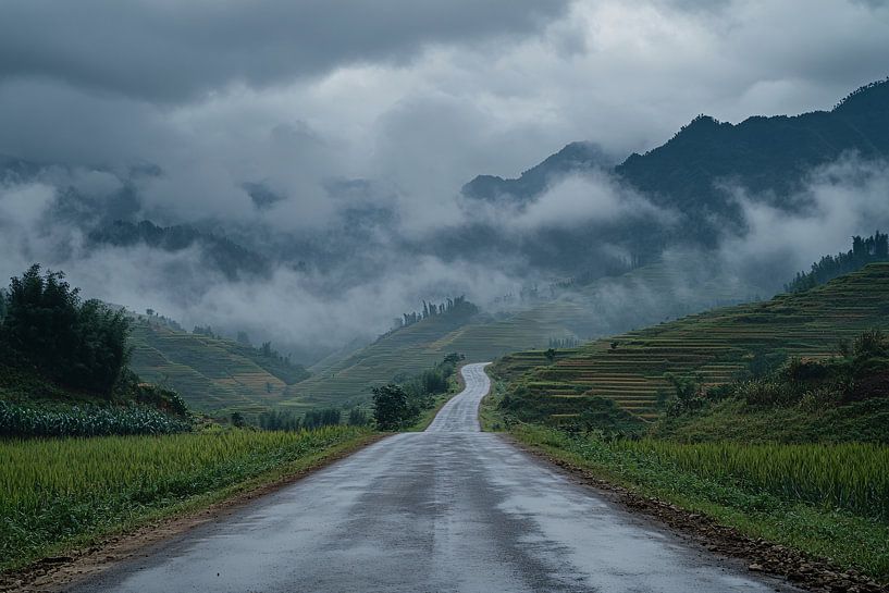 Foggy road through green mountains by Art & Soul Creations