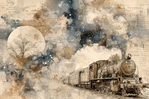 Train under moonlight - dreamy painting