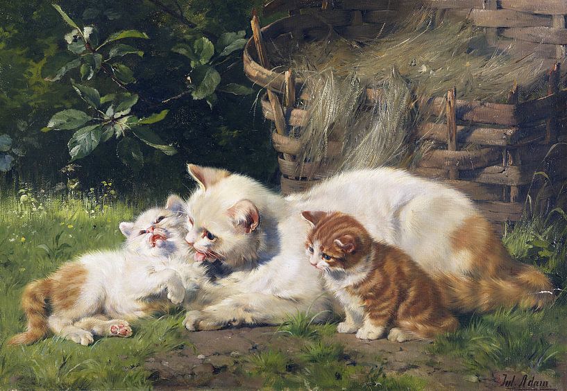 Katzenmutter mit ihren beiden Jungen, Julius Adam, Um 1900 von Atelier Liesjes