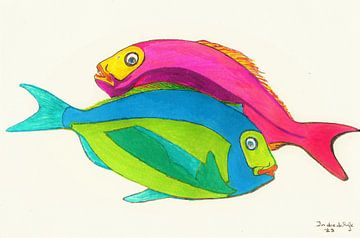 Bunte glückliche Fische. Handgemalte Aquarellfarbe von Ineke de Rijk