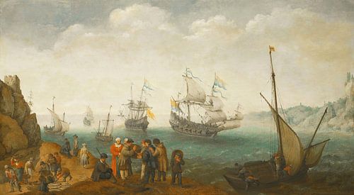 Een marinier met vijf schepen op zee, Adam Willaerts