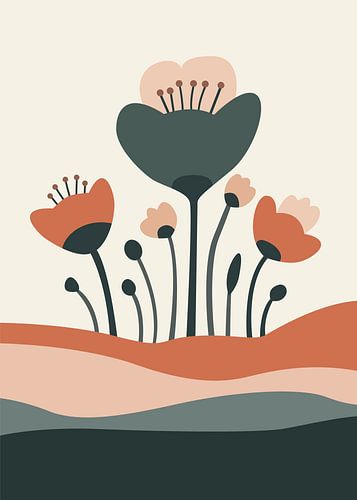 Een minimalistische stijl met abstracte bloemensilhouetten in ingetogen aardetinten.