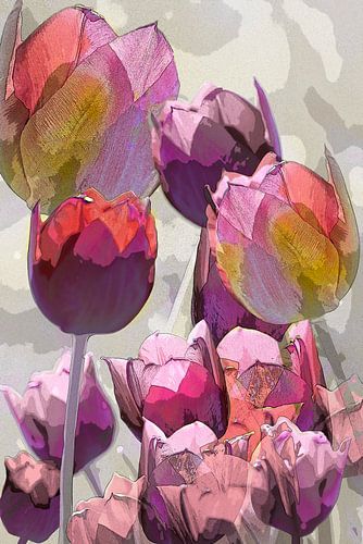 Tulpenpracht. In grijs, paars, roze en rood.
