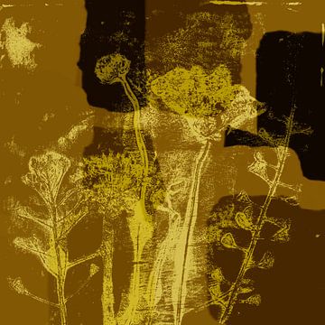 Abstract botanical art. Flowers and plants in gold, brown, black, mustard by Dina Dankers