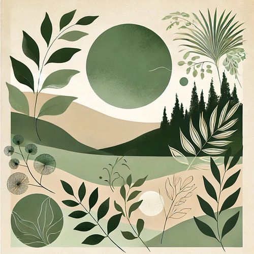 Serene Botanische Schoonheid – Bloemenkunst in Groen en Zandtinten