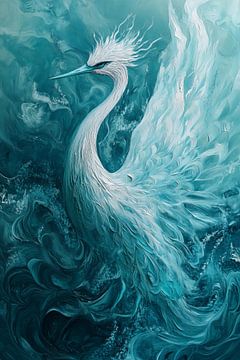 Elegantie in Beweging Blauwe Witte Vogel in Stromende Vormen van Eva Lee