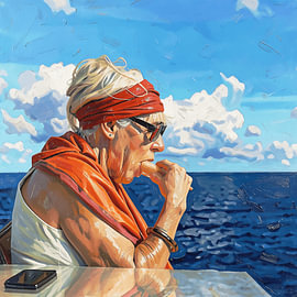 « Un délice intemporel » : un tableau représentant une femme âgée avec un cornet de glace au bord de la mer sur Dirk van der Ven