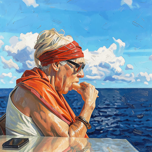 „Zeitlos lecker“: ein Gemälde, das eine ältere Frau mit einer Eistüte am Meer zeigt