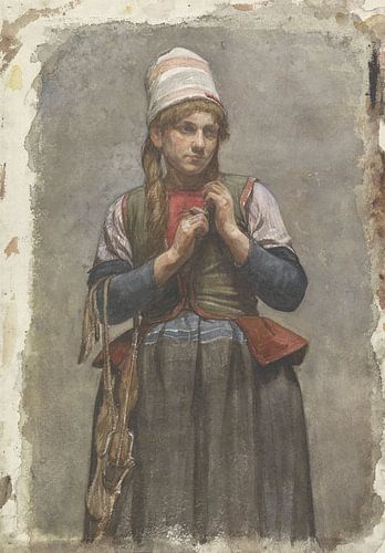 Staand meisje in kostuum met schaatsen, Jan Veth