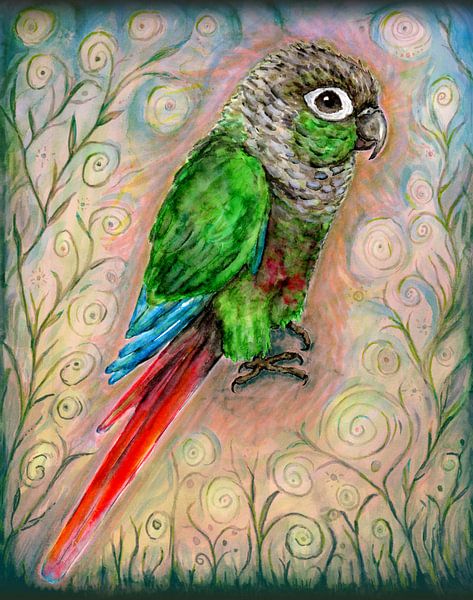 A watercolour drawing of a pyrrhura or green-cheeked conure by Bianca Wisseloo