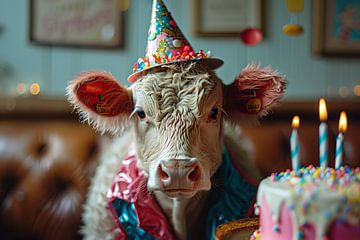 Verjaardag koe in feesthoed Met confetti Feest sfeer van Felix Brönnimann