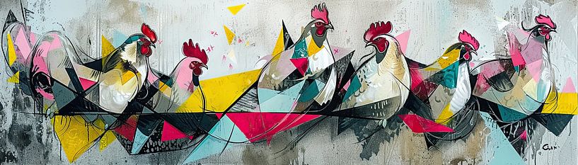 Kippenschilderij | Abstract Hen Parade van Blikvanger Schilderijen