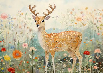 Cerf peinture nature | Blooming Deer sur De Mooiste Kunst