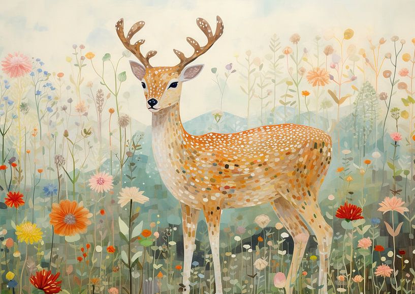 Cerf peinture nature | Blooming Deer par Art Merveilleux