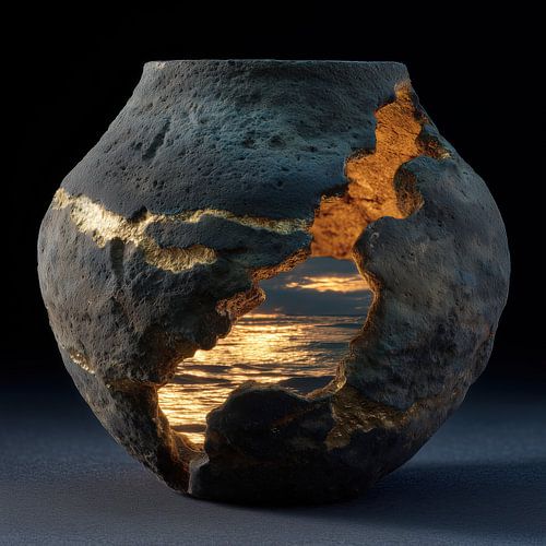 La mer dans un vase, une cruche, un coucher de soleil