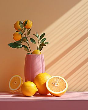 Stilleven in roze en oranje van een vaas met sinaasappels van Studio Allee