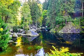Landschaftlicher Blick auf große Steine im Flussbett auf der Verlobungsinsel in der Oker im Harz von Andreas Völkel