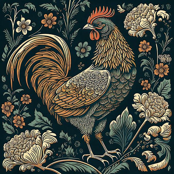 Rooster in flowers by Vlindertuin-Art