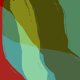 Warm colorful minimalist abstract painting in green, light blue and red by Dina Dankers