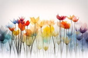 Une prairie fleurie aux couleurs vives, dans un style aquarelle tout en douceur