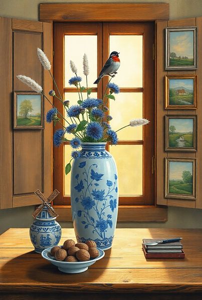Delft Blue Vase with Robin - Country Still Life by Kleurenrijk