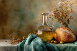 Brot und Olivenöl – Elegantes grünes Stillleben von Joriali Fine Art
