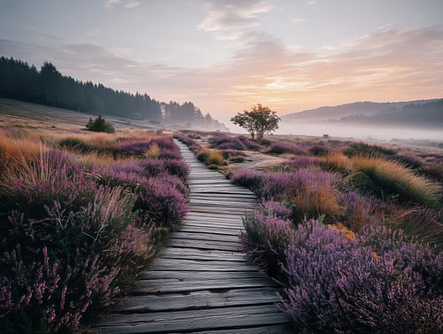 Heideweg im violetten Morgenlicht