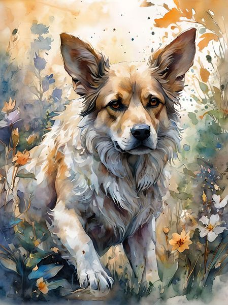Lentebries met een Border Collie: Een Aquarel van Speelse Vreugde van Retrotimes
