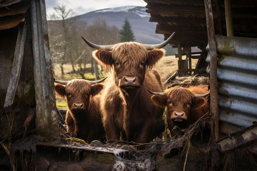 Schottische Highlander in der Urbex-Scheune
