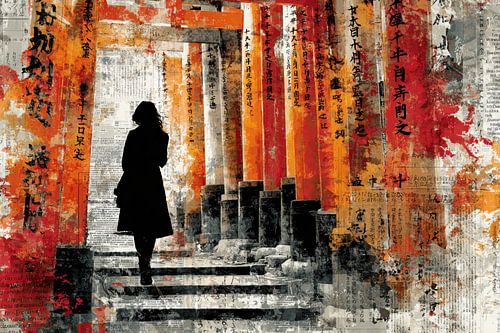 Street Art Silhouet - Japanse Poort Mysterieus Schilderij