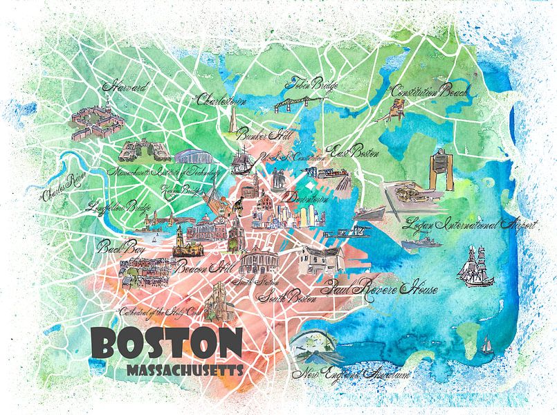 Boston Massachusetts USA Illustrated map with the most important streets, sights and highlights by Markus Bleichner