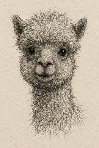 Draad portret jonge alpaca (Nieuwsgierige blik zachte uitstraling dieren illustratie draadjes papier)
