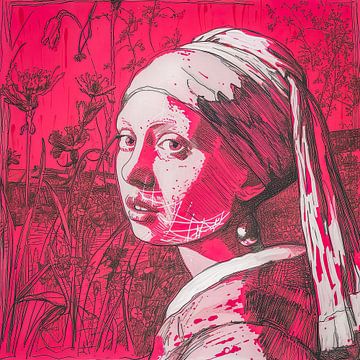 Girl with a pearl earring in pink by Vlindertuin Art