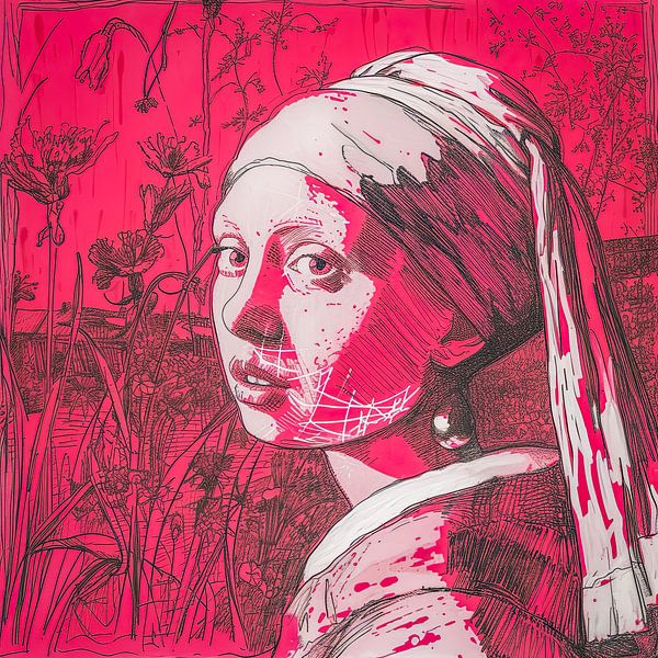 Meisje met de parel bewerking in roze van Vlindertuin-Art