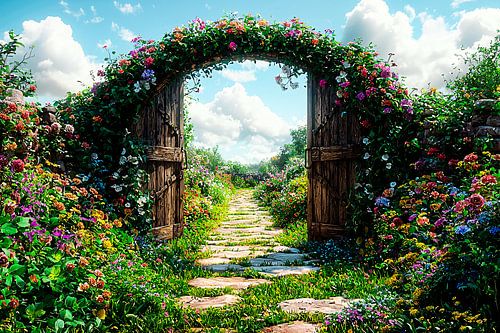 Poort met bloemen en tuinpad
