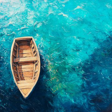 Enkele boot in blauw water van Poster Art Shop
