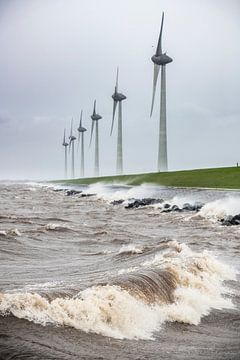 Windturbines aan de IJsselmeeroever in een storm van Sjoerd van der Wal