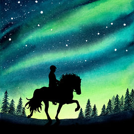 Isländer bei einem Ausritt im Winter bei Nordlicht von Carla Odink