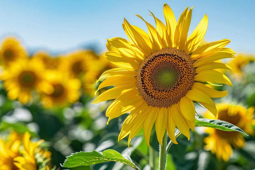 Vibrant sunflowers against a bright blue sky by Art & Soul Creations