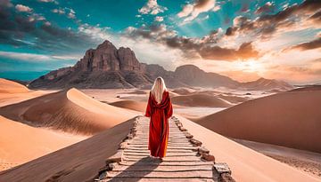Frau in der Wüste mit Sonnenuntergang von Mustafa Kurnaz