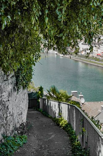Auf halbem Weg zurück in Richtung Stadt gibt es einen schönen Aussichtspunkt auf den Fluss und die Stadt Cochem in Deutschland