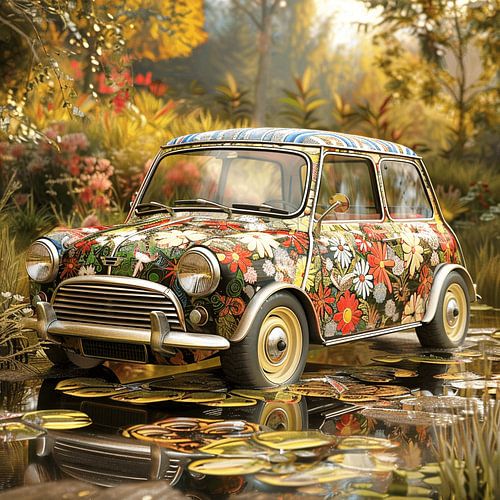 Vieille voiture Mini Cooper Nostalgie multicolore Pop Art graphique moderne sur gm_designs