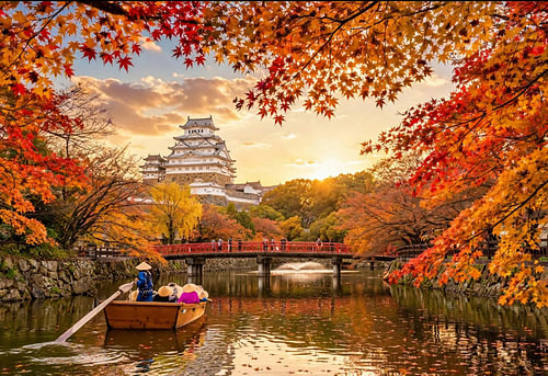 Die Burg Himeji mit Herbstlaub und einem Holzboot