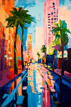 Kleurrijk uitzicht op de stad met palmbomen van Poster Art Shop