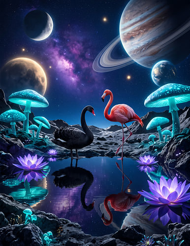 Schwarzer Schwan und Flamingo im kosmischen Fantasieseesee