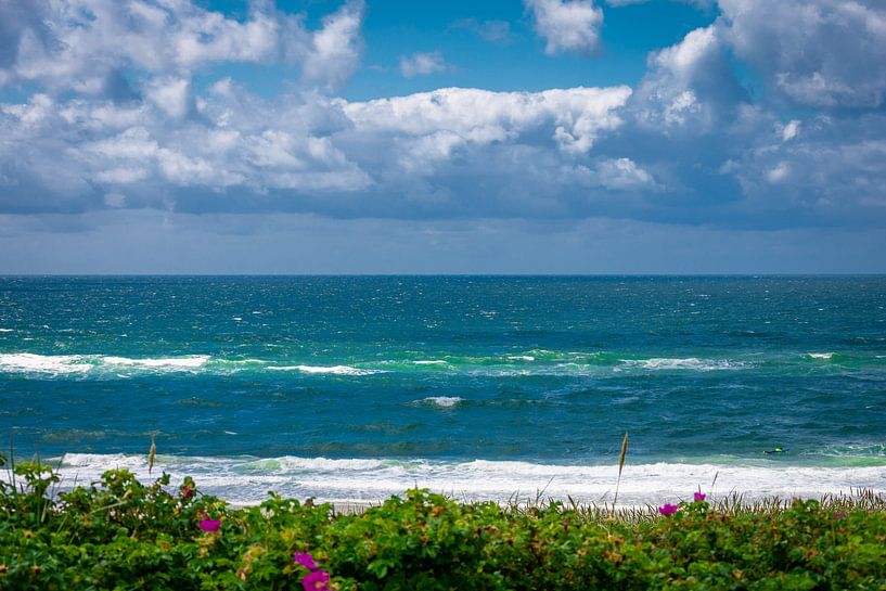 Vue sur une dune avec de l'herbe de dune sur une plage avec des vagues déferlantes par Stefan Kreisköther
