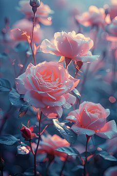 Elegant roses in the garden at dusk with water droplets by Felix Brönnimann