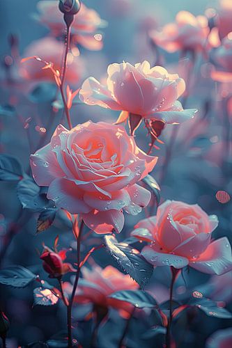 Elegant roses in the garden at dusk with water droplets